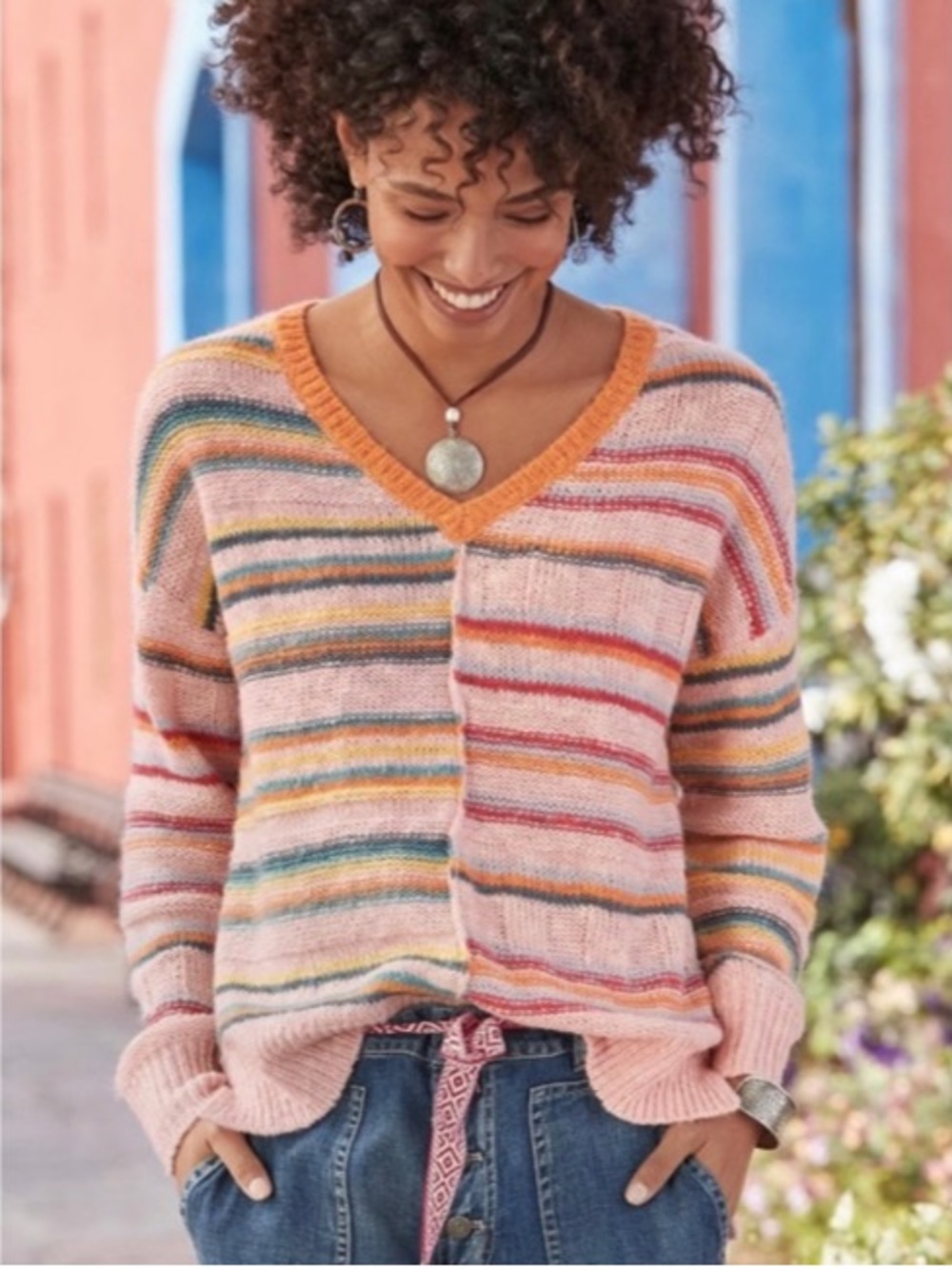 SUNDANCE Symphony Striped V-Neck Multicolor Lightweight Oversized Sweater Boho L - Picture 4 of 13